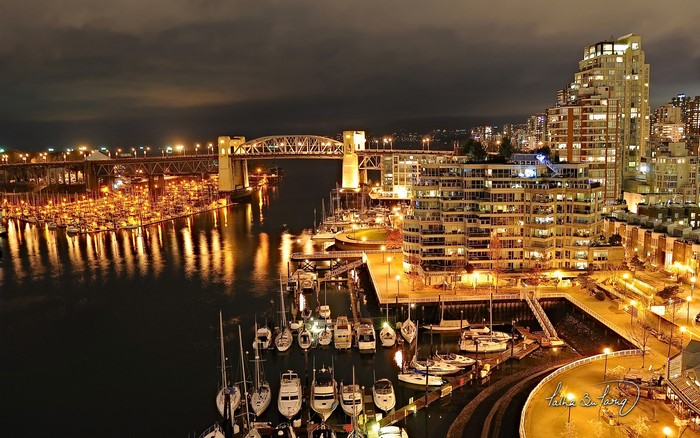 Vancouver bridge and marina at night