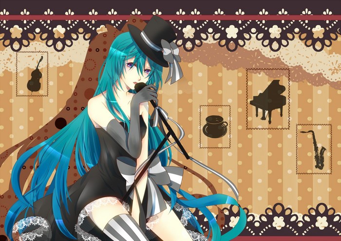 Vocaloid girl singing with microphone and hat