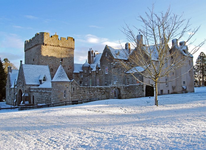 Drum Castle in Scotland covered in snow