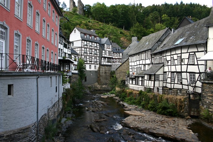 Half-timbered houses along a river in Germany