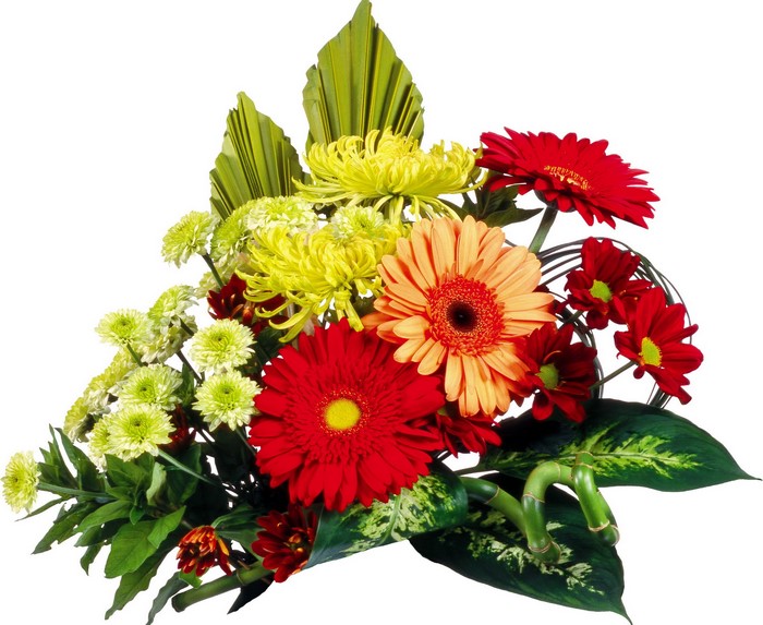 Colorful flower bouquet with green leaves and bamboo