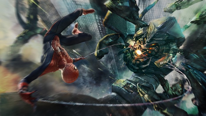 Spider-Man fighting a large robot