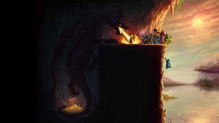 Dragon guarding treasure with adventurers on cliff