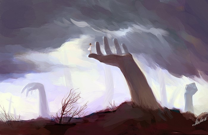 A girl on a giant hand in a surreal landscape