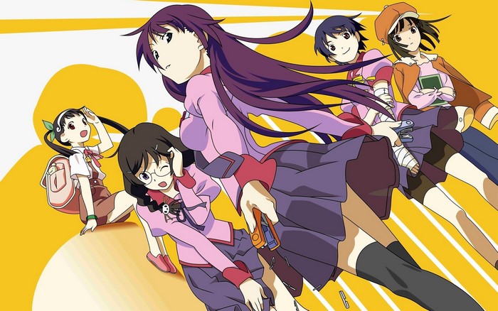 Bakemonogatari characters on a yellow background