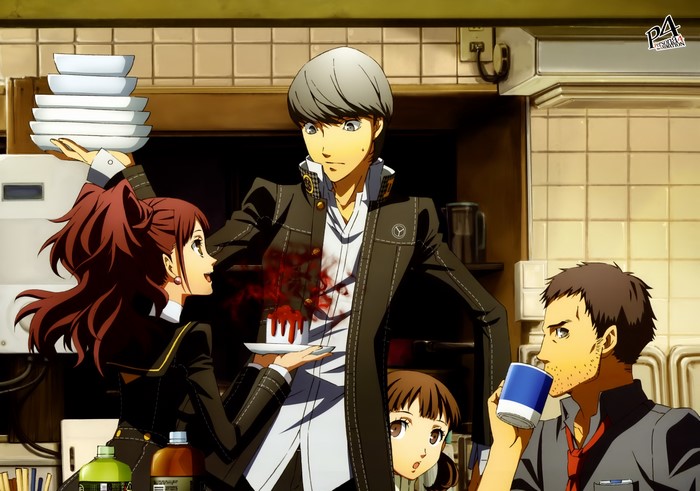 Persona 4 Yu Narukami and friends in kitchen