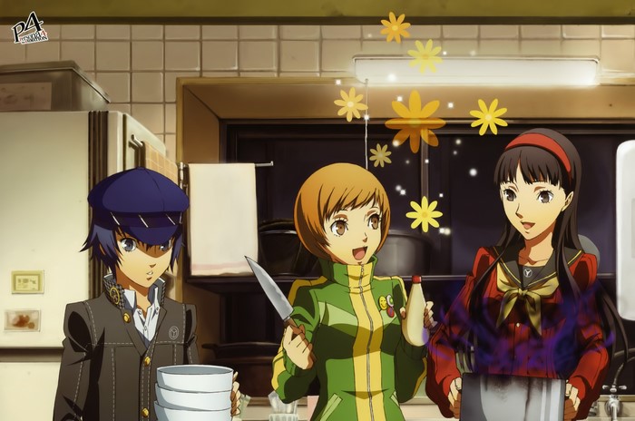 Persona 4 characters cooking in a kitchen