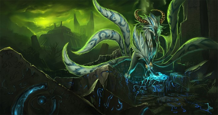 Nine-tailed fox creature in a mystical, overgrown ruin