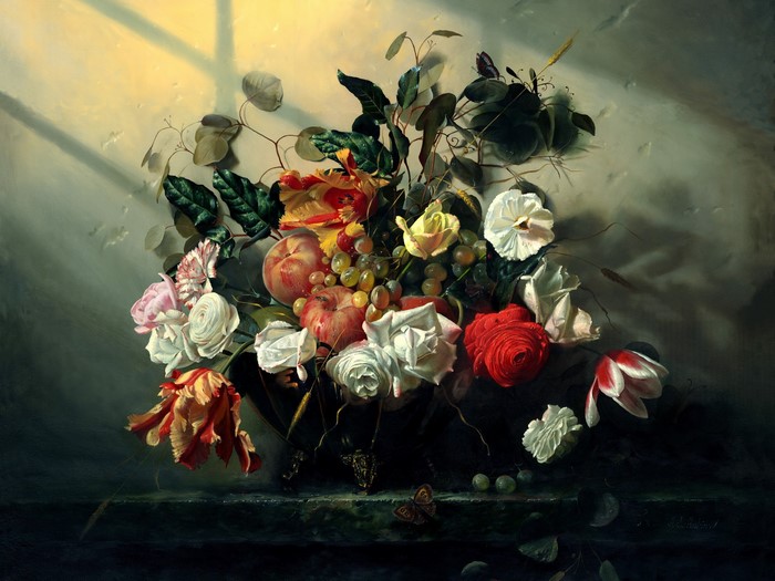 Still life with flowers, fruit, and a butterfly