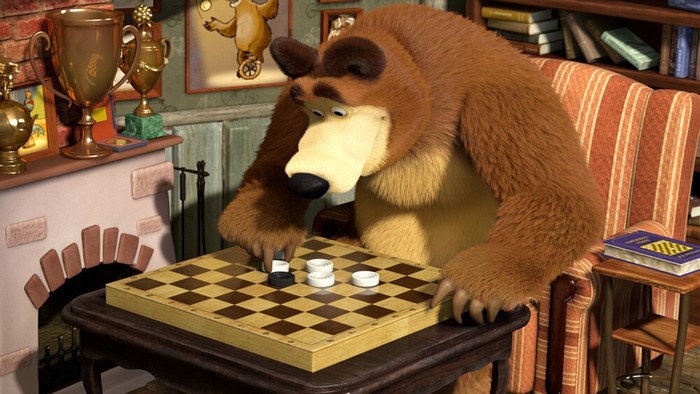Bear from Masha and the Bear playing checkers