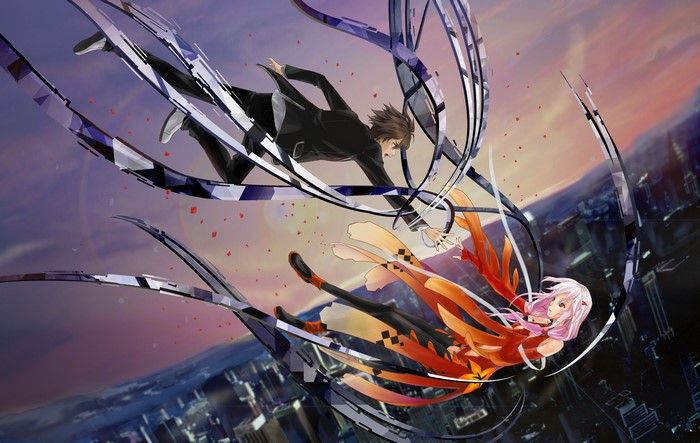 Shu Ouma and Yuzuriha Inori from Guilty Crown falling