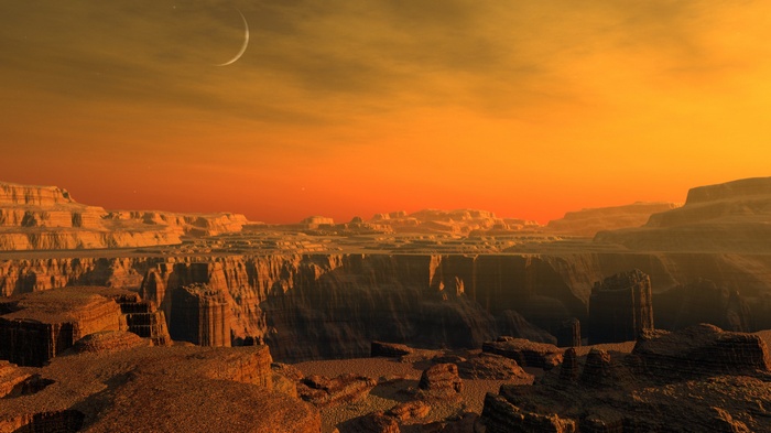 Alien landscape with canyons and a crescent moon