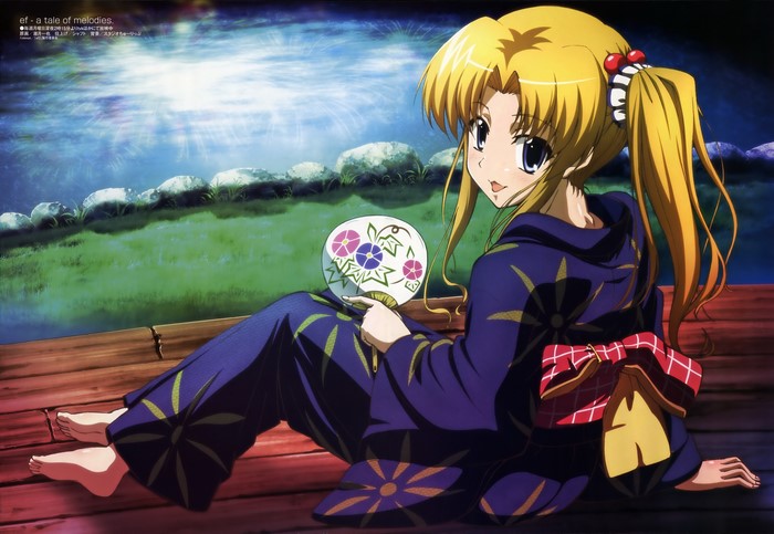 4K Ef - a tale of melodies. Anime girl in yukata with fan