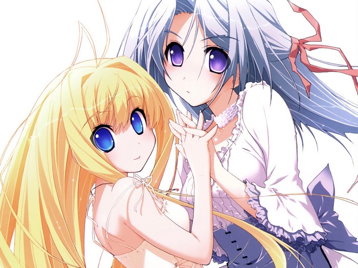 Two anime girls, one with blonde hair and the other with long silver hair, holding hands.