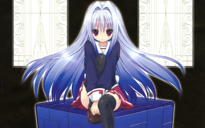Anime girl with long purple hair sitting on a blue cube