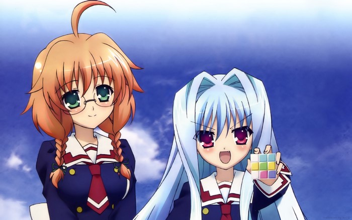 Two anime girls in school uniforms with a cube