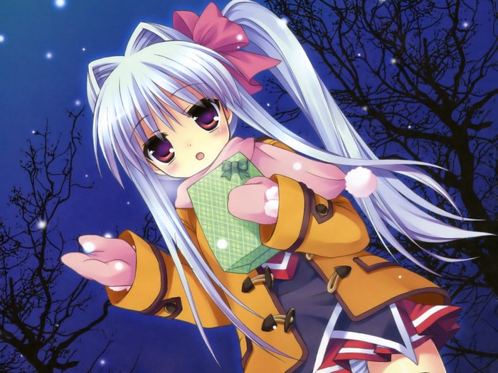 Girl with white pigtails holding a gift
