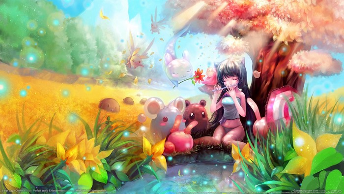 Anime girl playing flute with creatures in Ether Saga Online