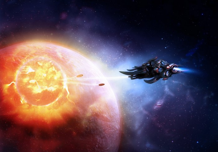 Spaceship near a burning planet and stars