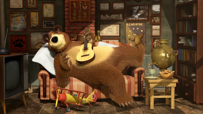 Bear from Masha and the Bear playing guitar