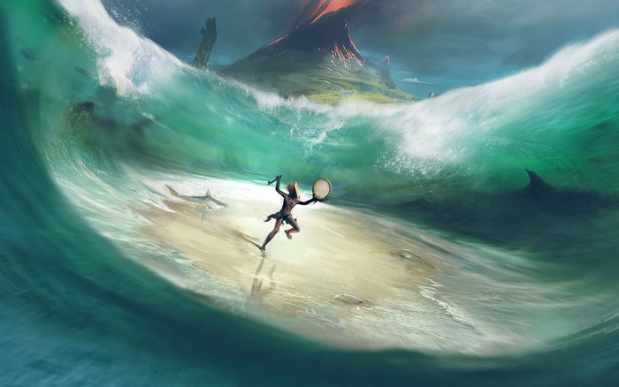 A person playing a drum on a beach during a tsunami