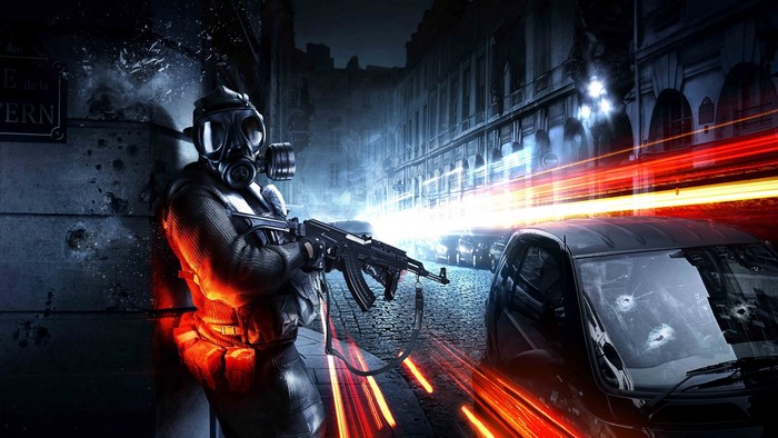 Soldier with gas mask and rifle in Battlefield