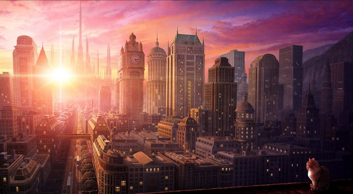 Fantastic city skyline at sunset with a cat