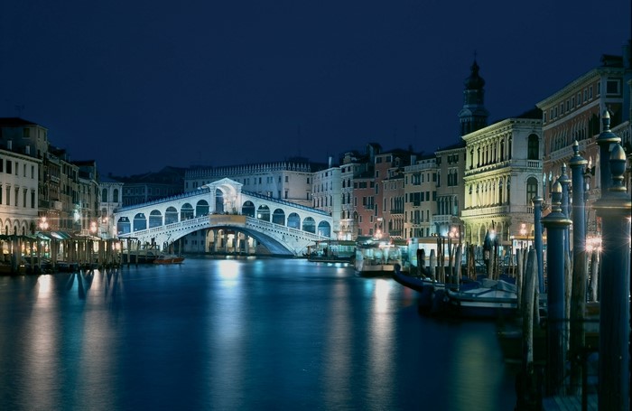 Rialto Bridge at night in Venice, Italy