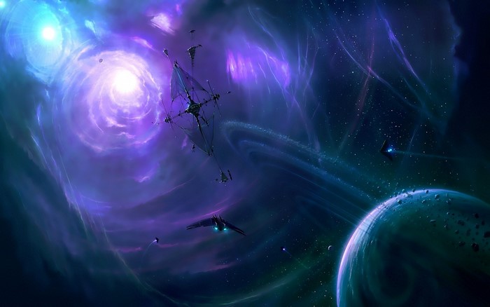 Spaceships in a purple nebula with a planet