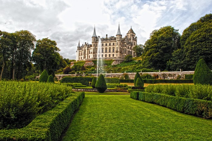 Dunrobin Castle with formal gardens and fountain