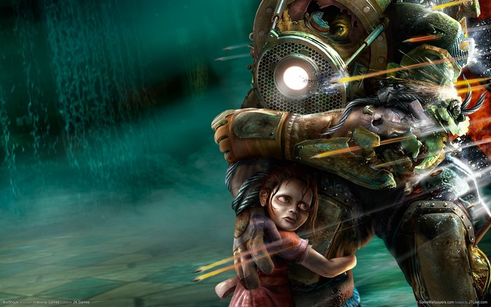 Big Daddy holding a Little Sister in BioShock