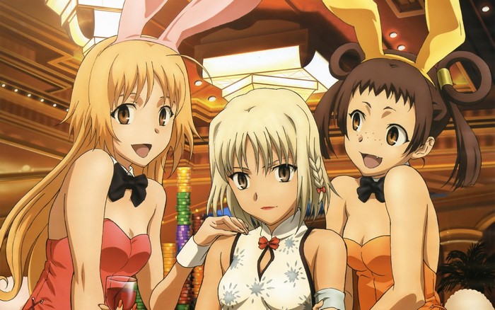 Three anime girls in bunny outfits at a casino
