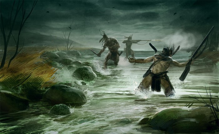 Warriors wading through a river in Empire: Total War