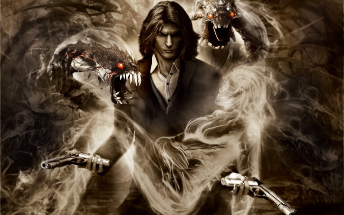 Jackie Estacado from The Darkness with demonic creatures