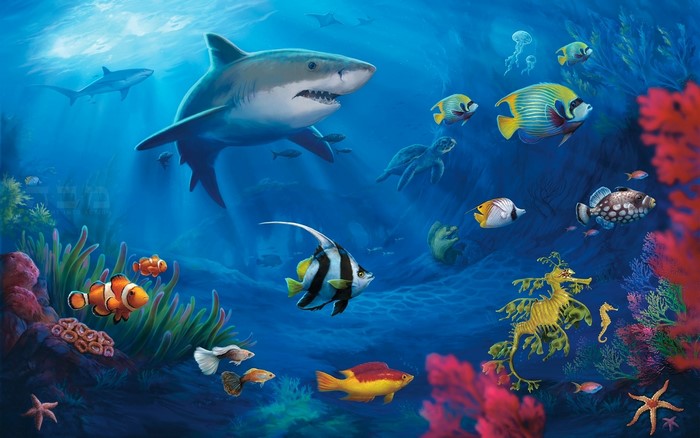 Underwater world with sharks and diverse marine life