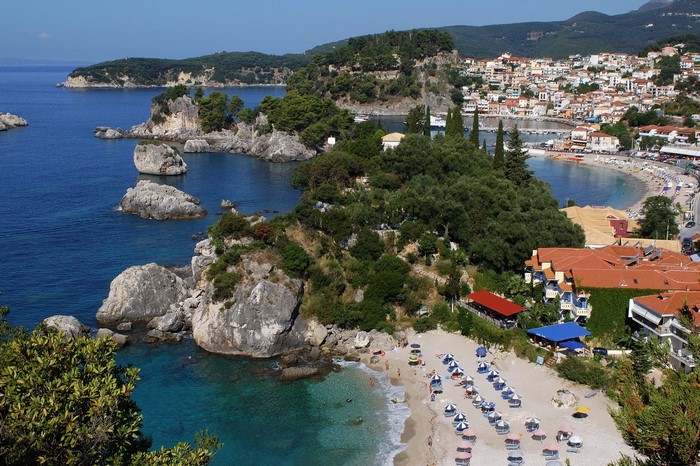 Parga, Greece coastal town and beach with rocky islands