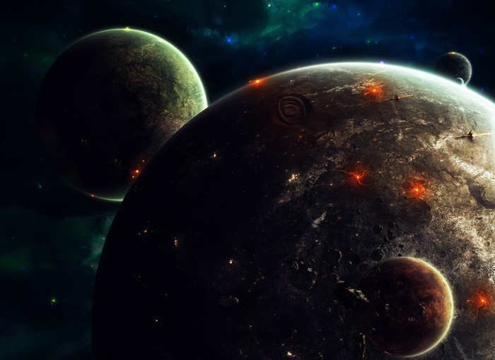 Planets in a nebula with glowing lights