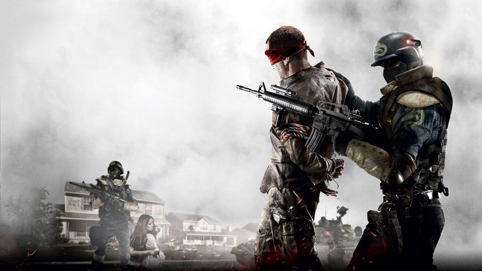 Homefront: A soldier holds a blindfolded man at gunpoint