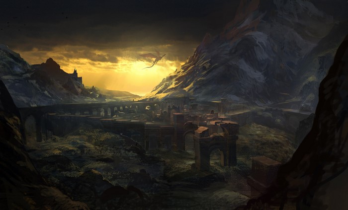 Dragon flying over ruins and mountains in The Witcher