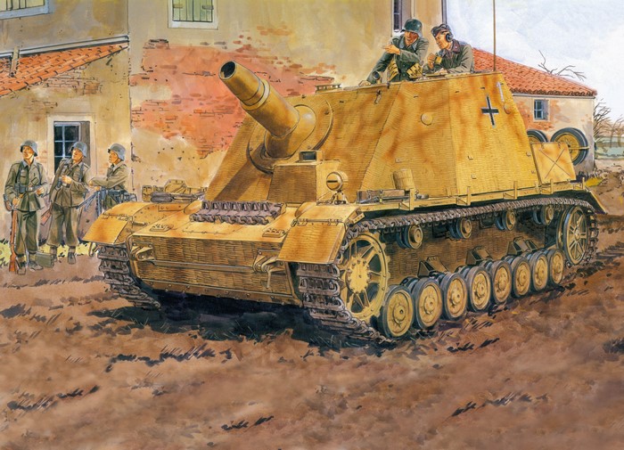 Painting of Stu.Pz.4 Brummbar with soldiers