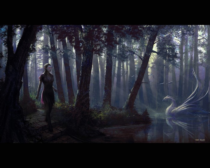 Elf walking by a lake with a swan in a forest