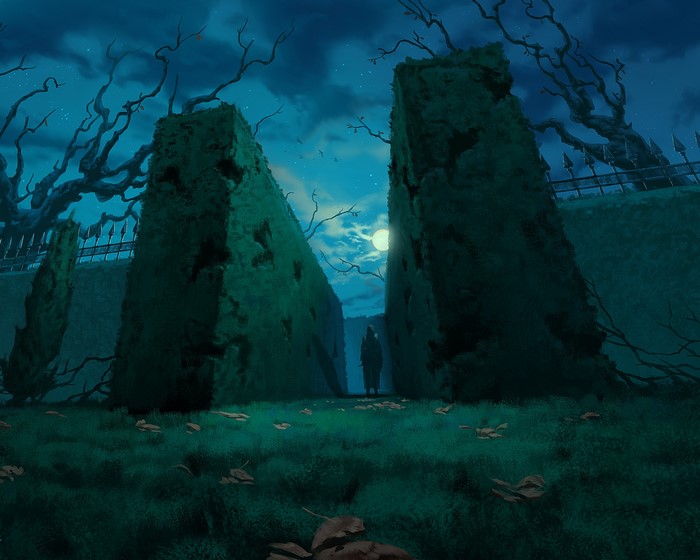 A cloaked figure stands in a moonlit maze