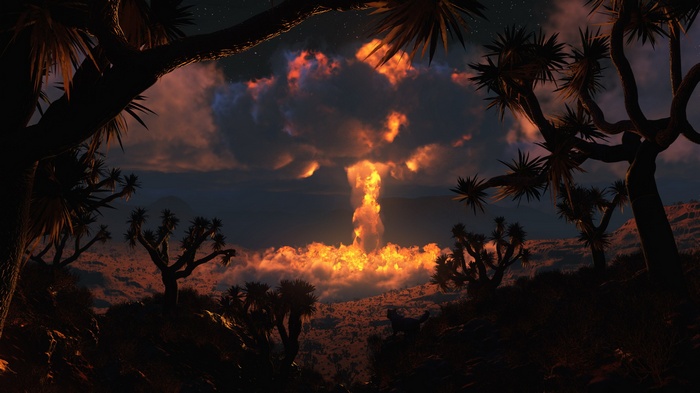 Nuclear explosion over desert landscape with Joshua trees