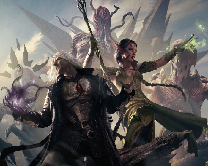 Two mages casting spells with eldritch beings behind them