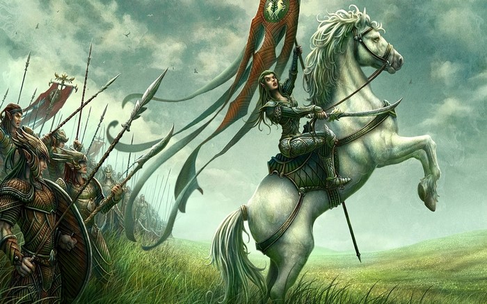 Elf warrior on white horse leading an army