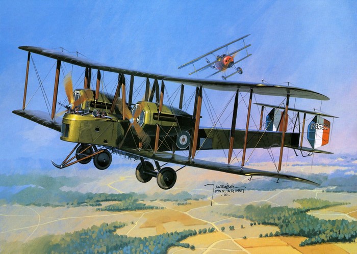 Vickers Vimy bomber and biplane in flight