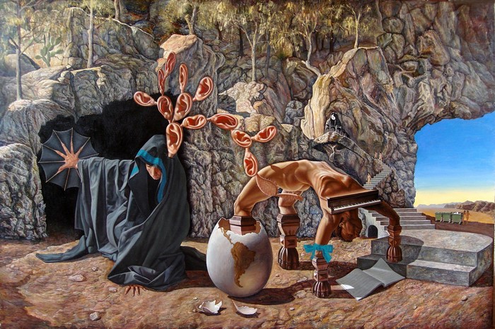 Surrealist painting with human figures and ears