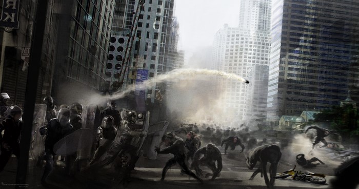 Riot police confronting apes in a city