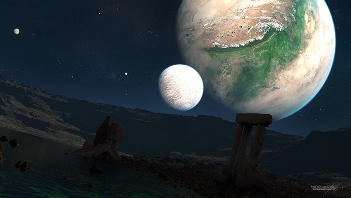 Alien planets with moons and ancient ruins