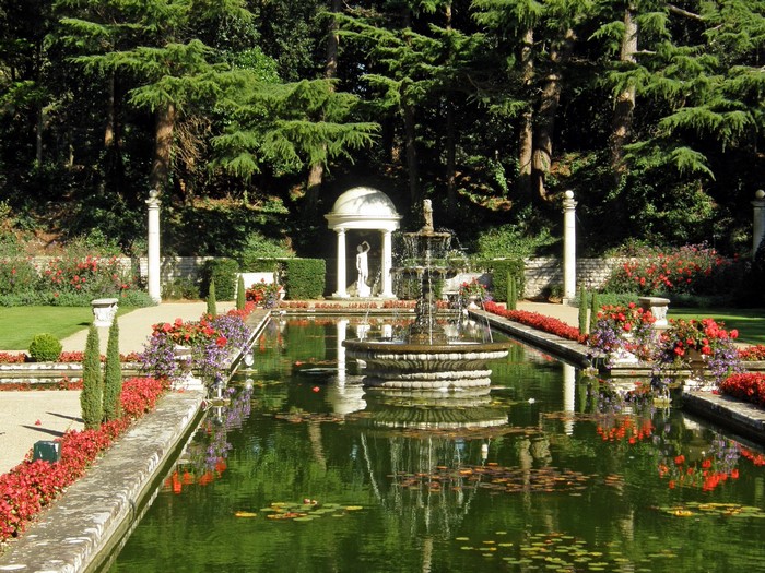 Formal garden with a pond and fountain